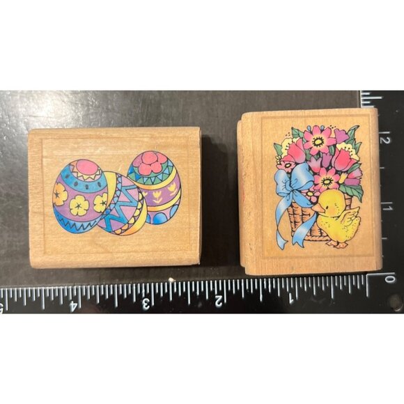 Easter-Themed Wooden Rubber Stamps Set Of 2 With Colorful Egg & Spring Basket - Picture 1 of 2